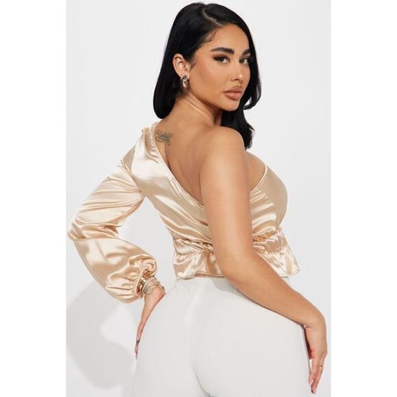 Satin One Shoulder Long sleeved ruched top Taupe size medium - Picture 2 of 6